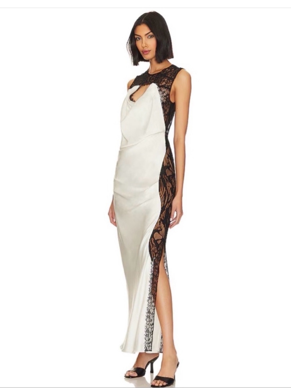 SIMKHAI Vea black lace trim ivory white dress